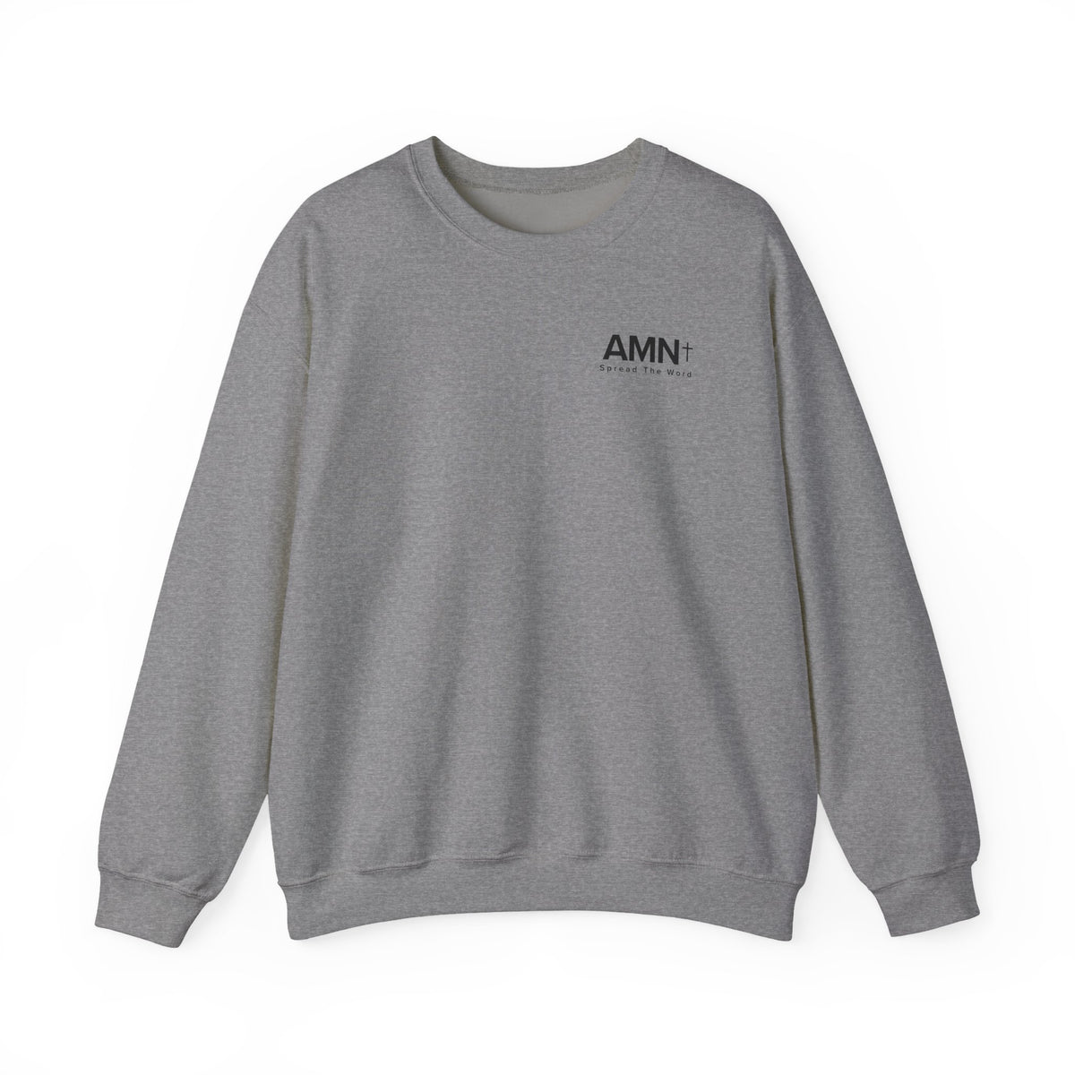 Gray crewneck sweater with long sleeves and AMN+ logo on chest