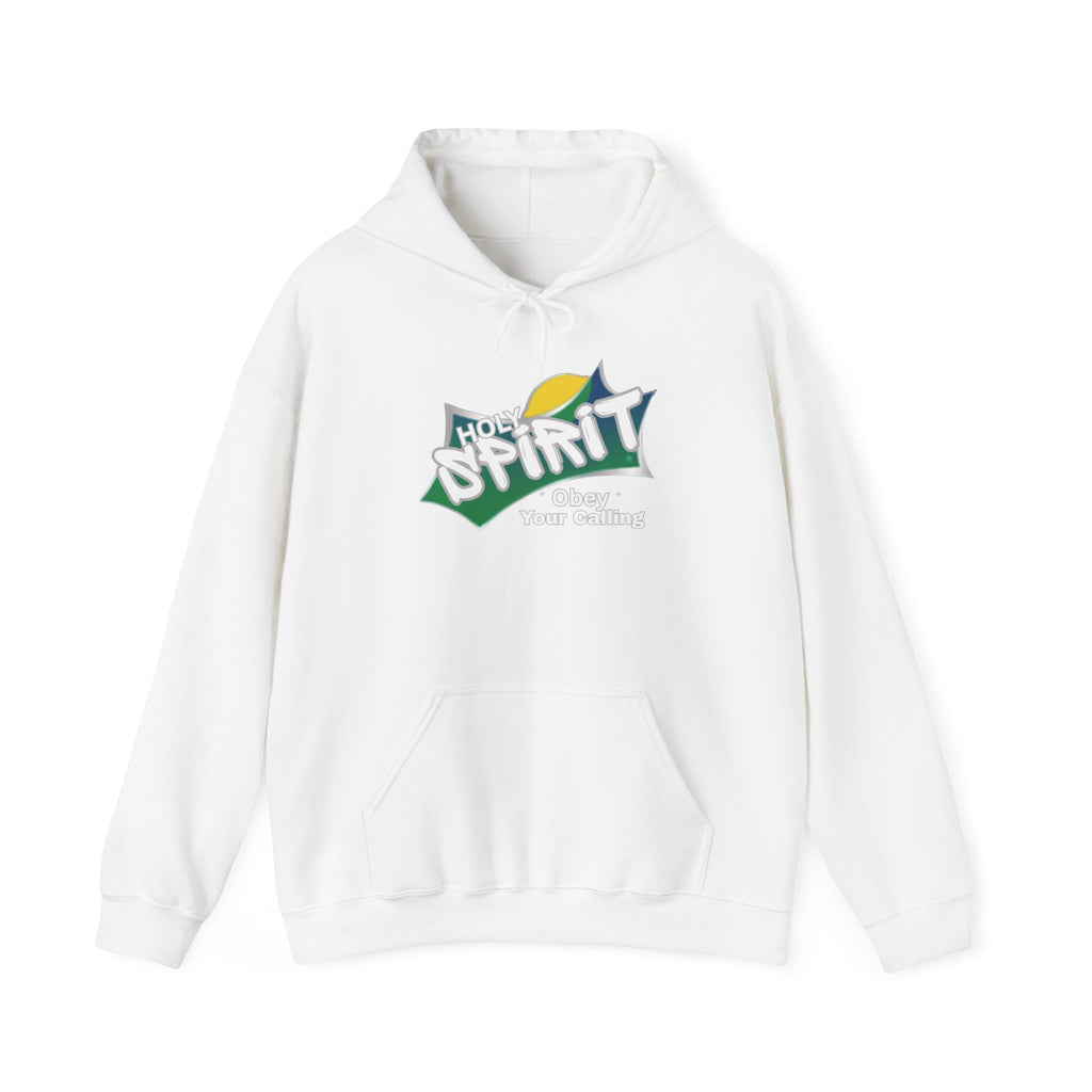 White pullover hoodie with front pouch pocket, drawstring hood, and Spirit logo graphic