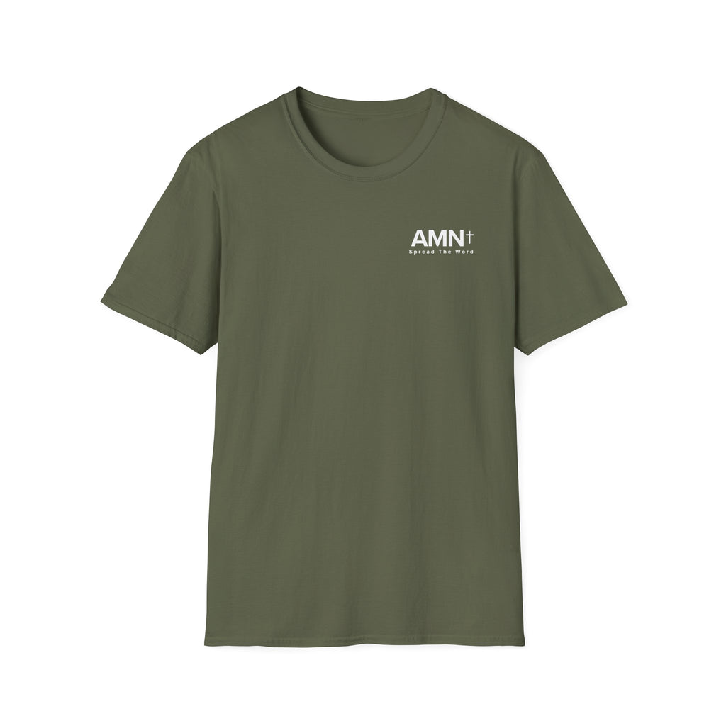 Olive green T-shirt with small AMN+ logo on chest