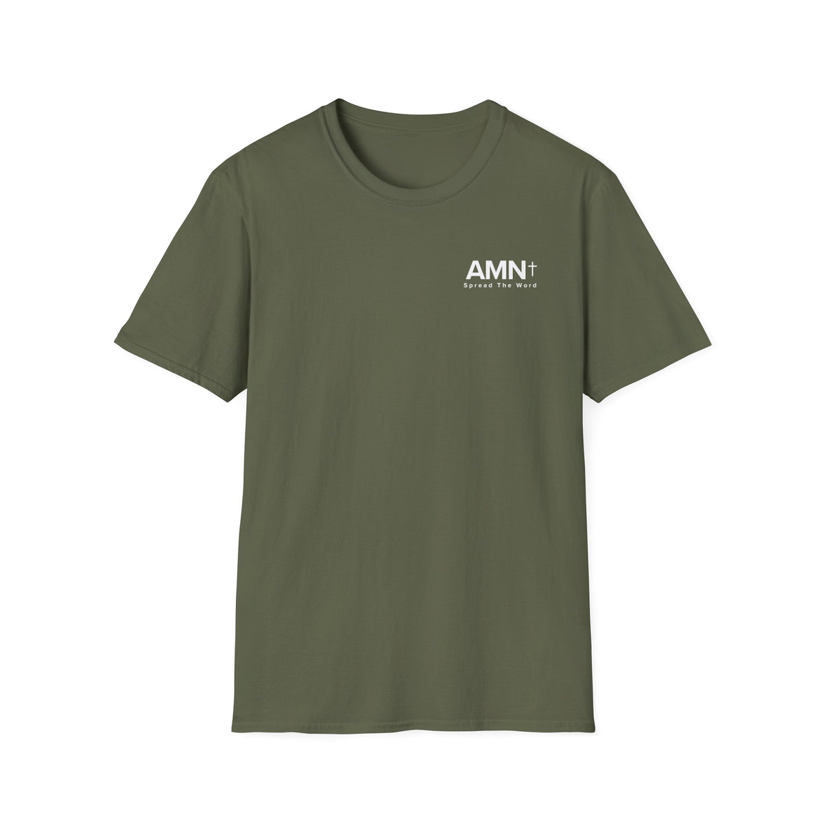Olive green T-shirt with small AMN+ logo on chest