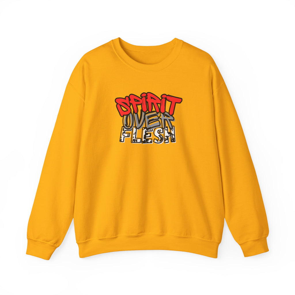 Yellow crewneck sweater with long sleeves and Spirit Over Flesh chest graphic