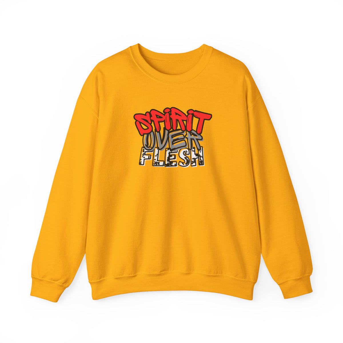 Yellow crewneck sweater with long sleeves and Spirit Over Flesh chest graphic