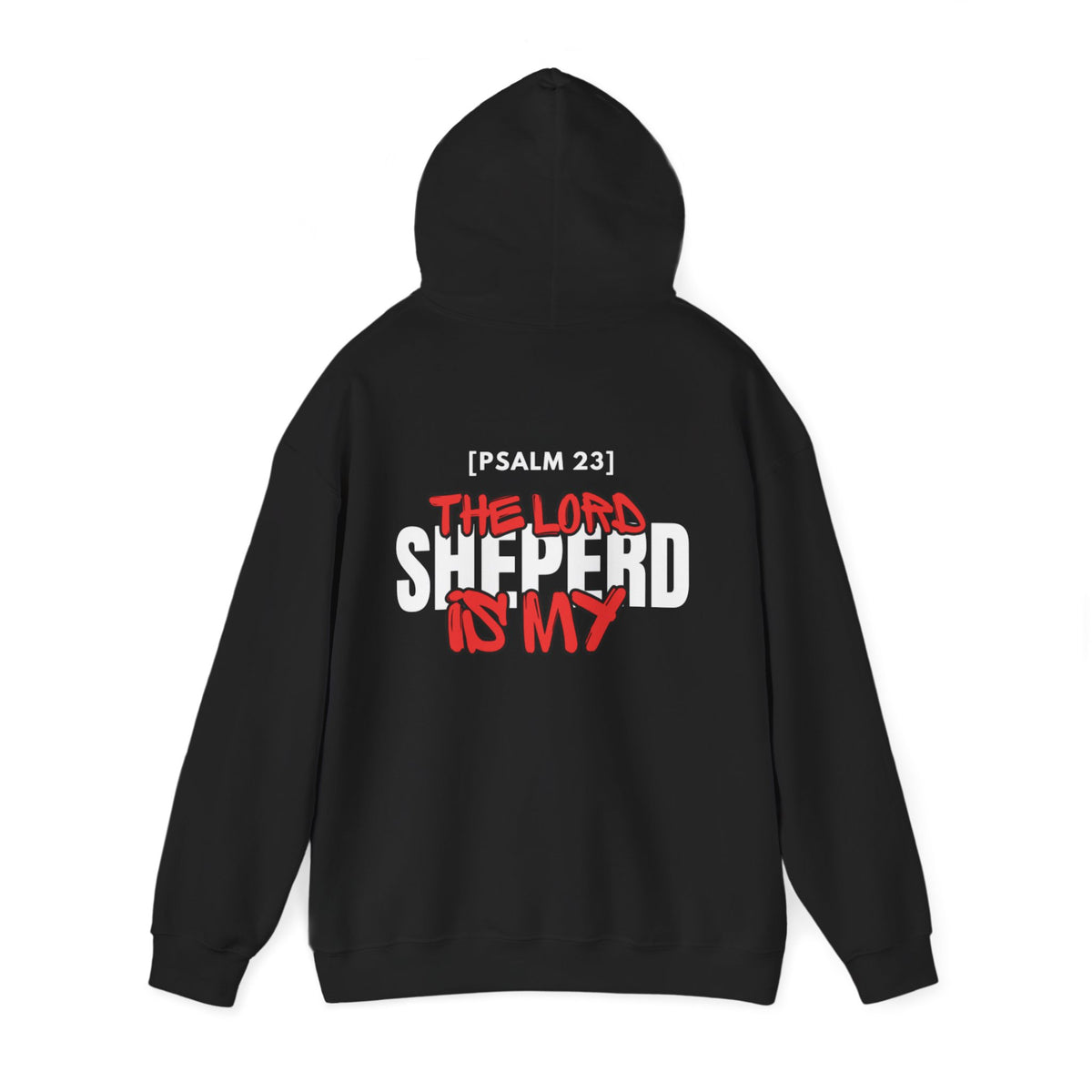 Black pullover hoodie with hood and [PSALM 23] back print design