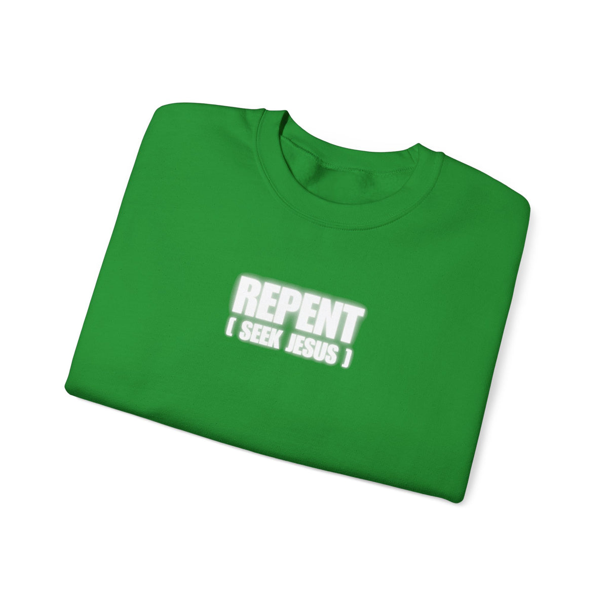 Green crewneck sweater with 'REPENT' front graphic and 'I SEEK JESUS' text