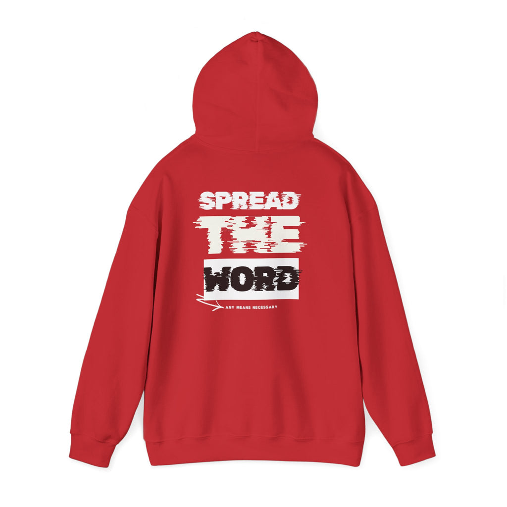 Red hoodie with 'SPREAD THE WORLD' graphic print on back, hood up.
