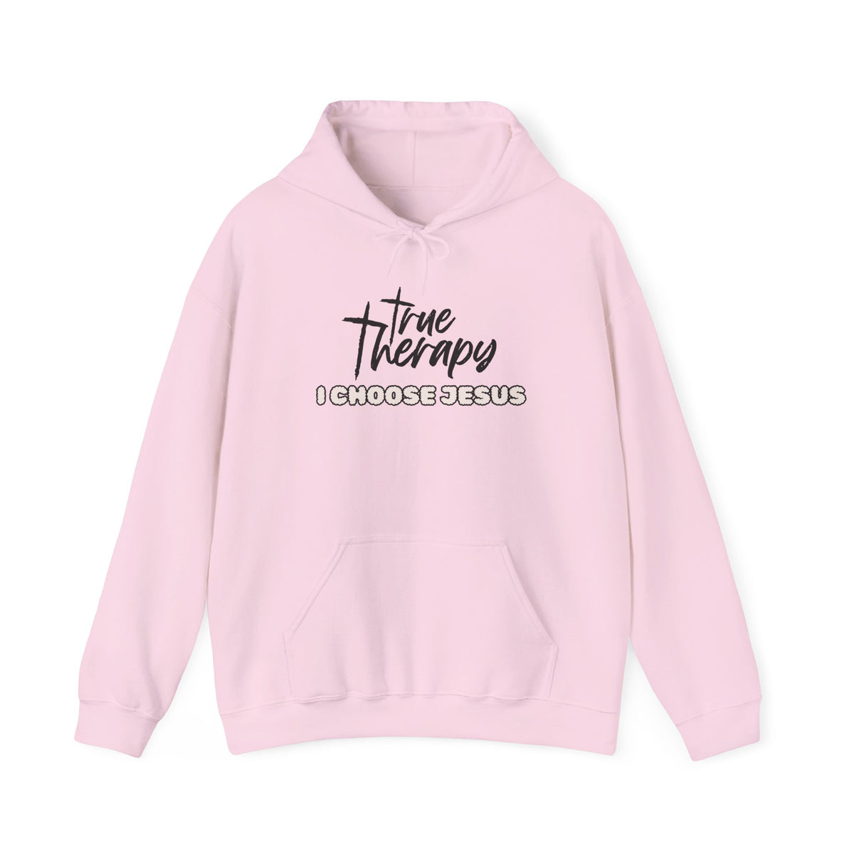 Light pink hoodie with kangaroo pocket, drawstring hood, and front “The Therapy” graphic
