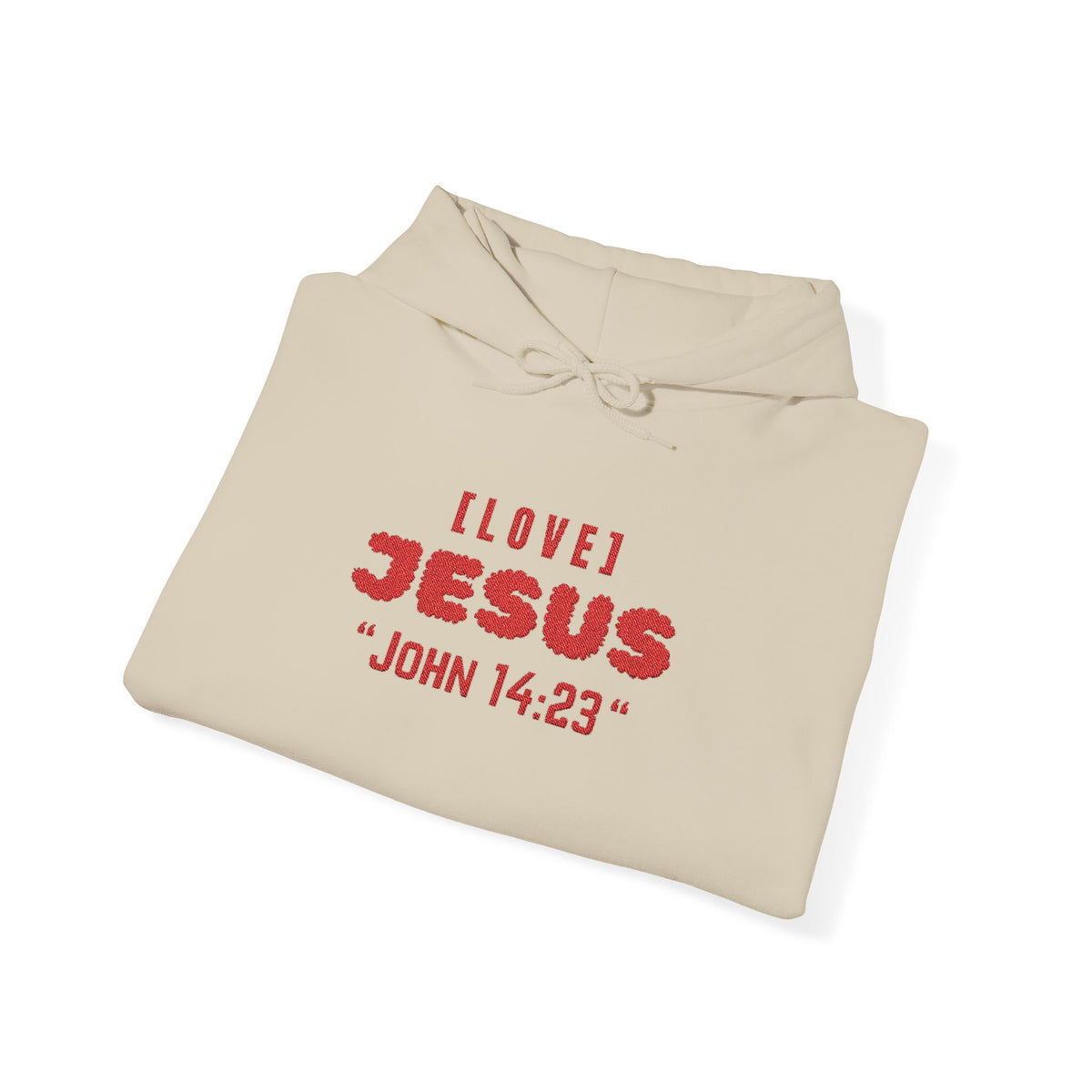 Beige hoodie with red "I LOVE JESUS" and "JOHN 14:23" text, front pouch, drawstring hood.