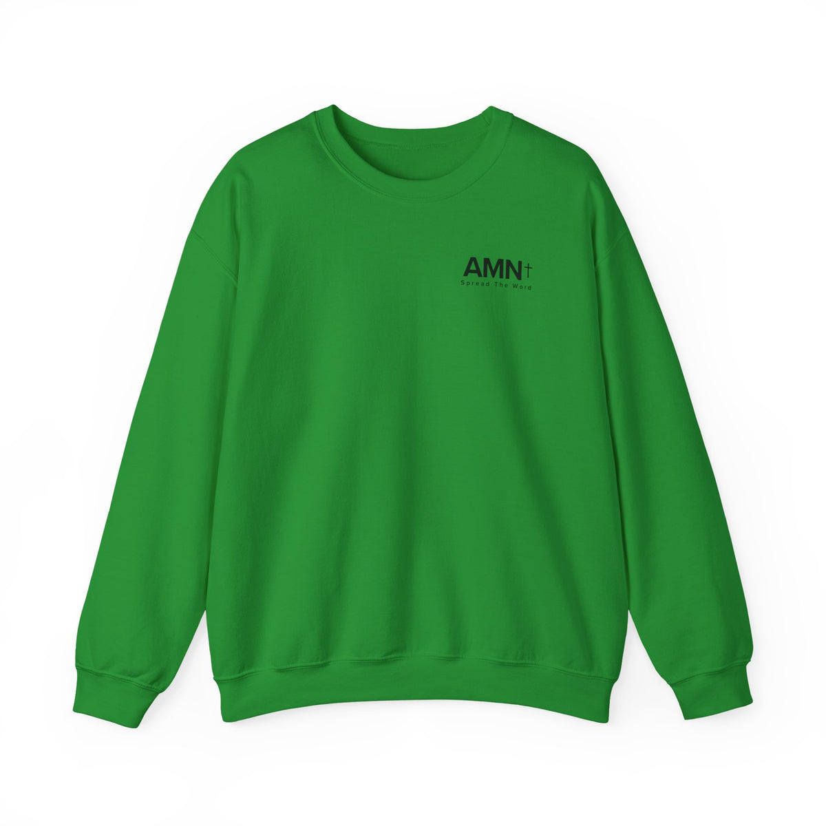 Green crewneck sweater with long sleeves and AMN+ logo on chest