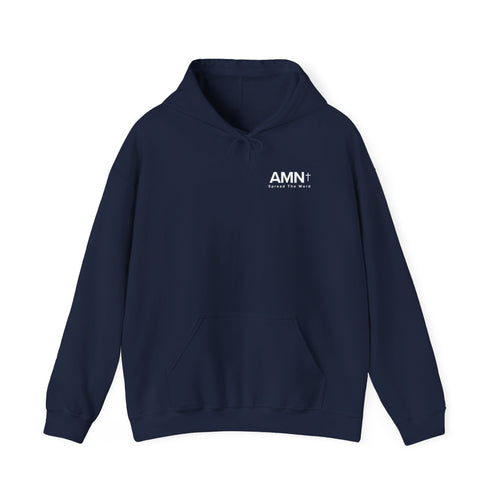 Navy pullover hoodie with drawstring hood, kangaroo pocket, and AMN+ chest logo.