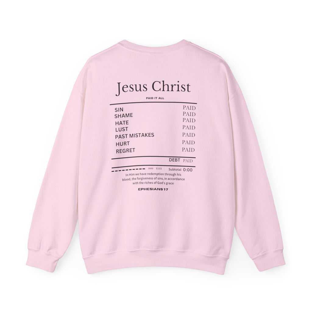 Light pink sweater with "Jesus Christ" text and list graphic on back