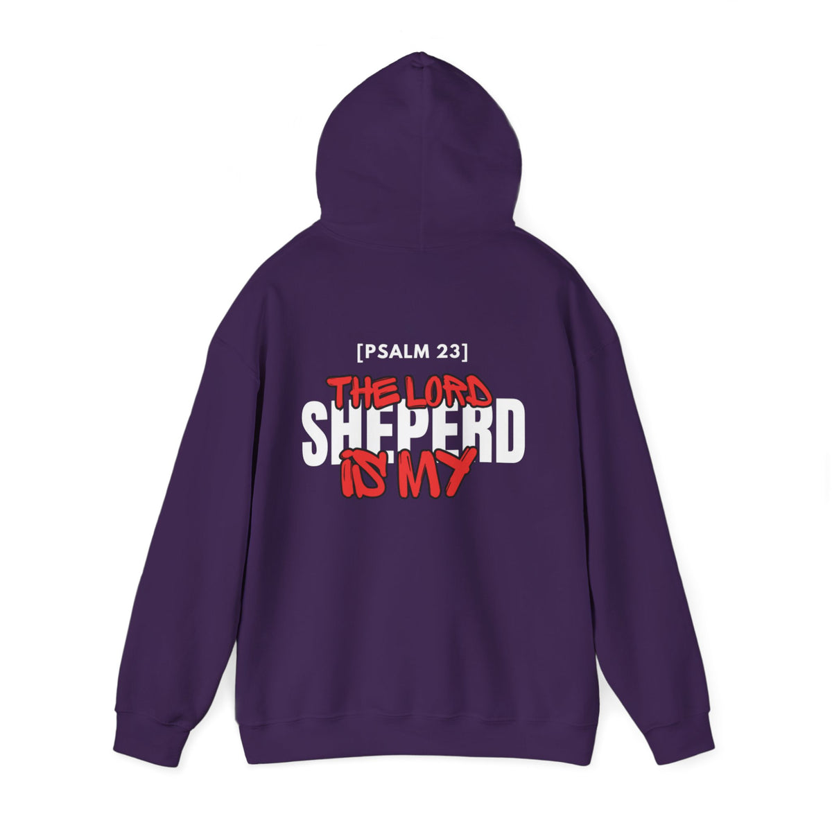 Back view purple pullover hoodie with hood and central printed chest graphic