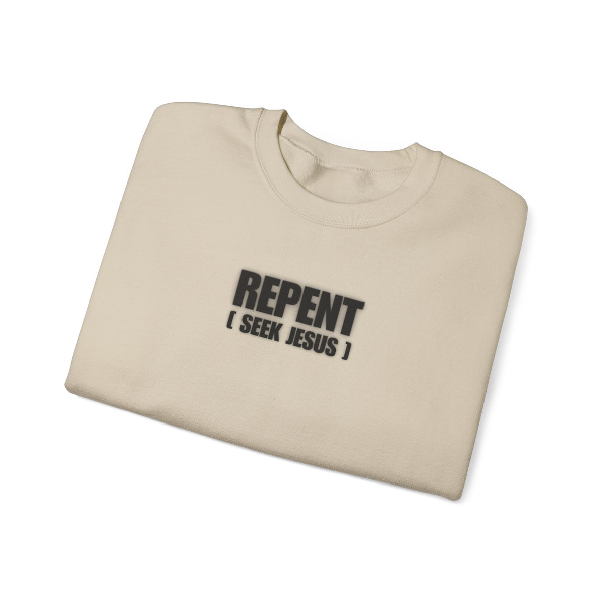 Beige crewneck sweater with 'REPENT' front graphic and 'I SEEK JESUS' text