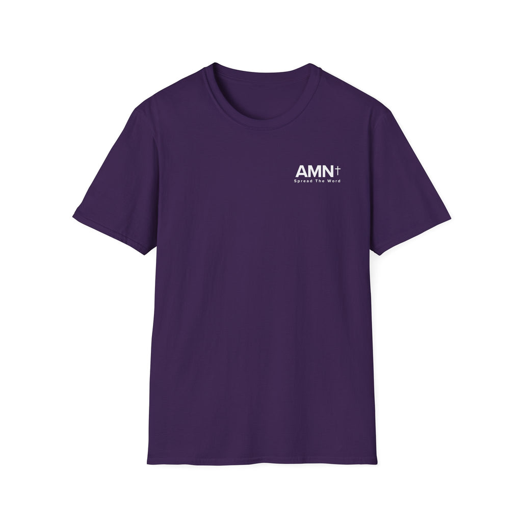Purple T-shirt with crew neck and small AMN+ chest logo print