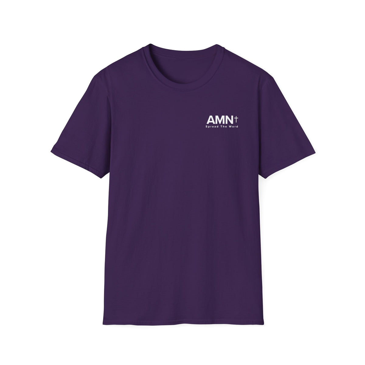 Purple T-shirt with crew neck and small AMN+ chest logo print