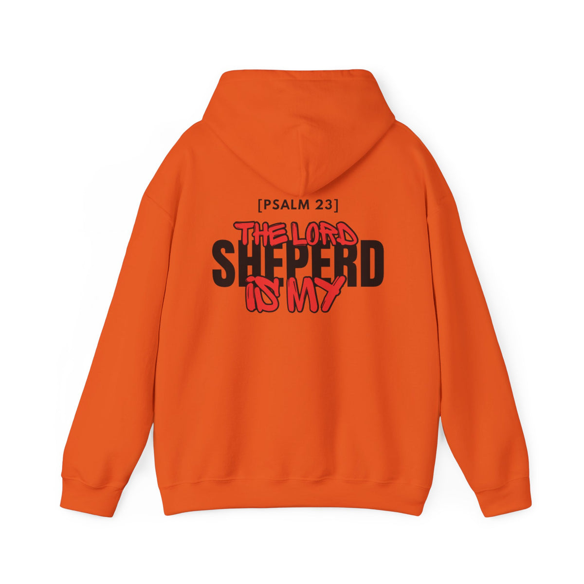 Orange hoodie with drawstring hood, kangaroo pocket, and colorful front text graphic
