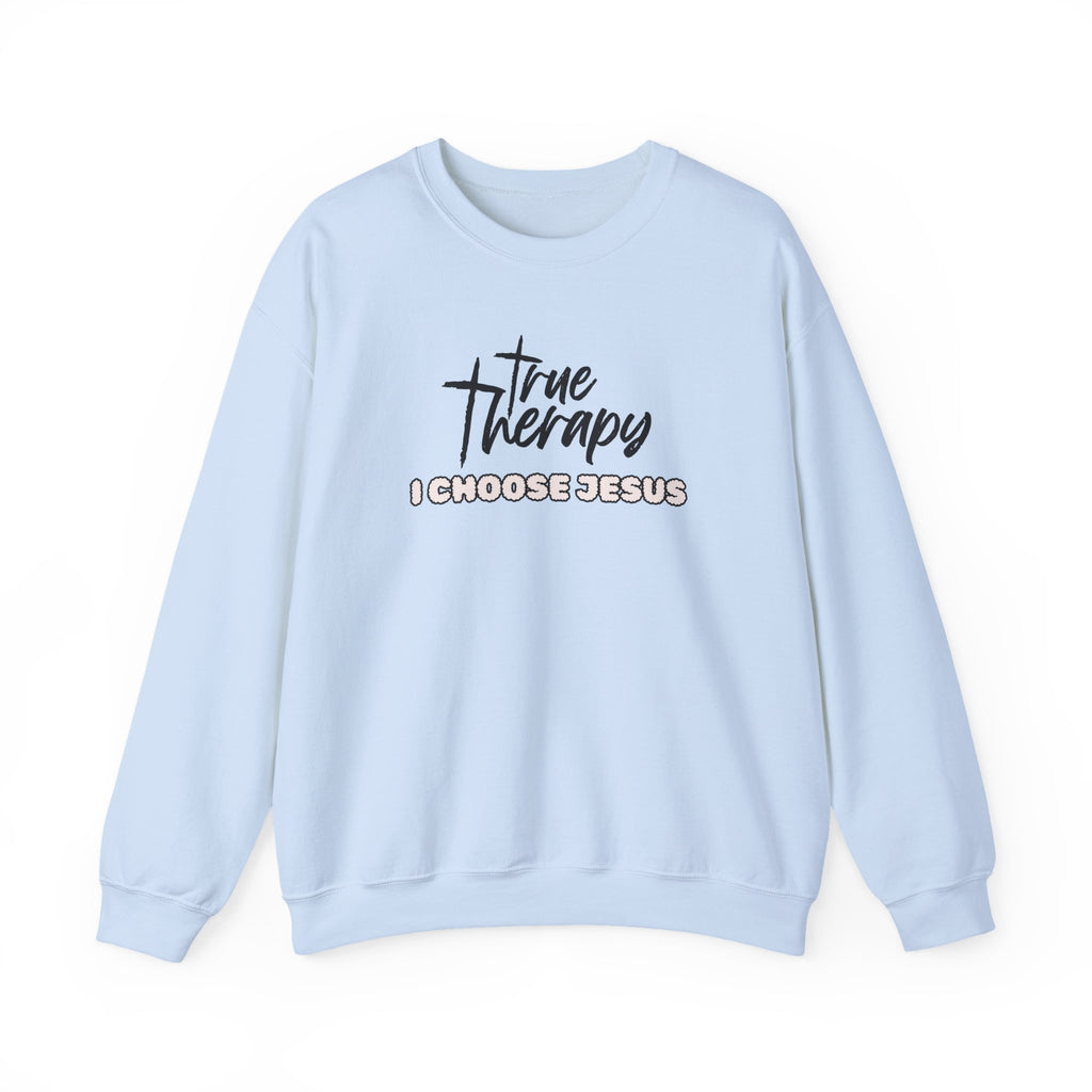 Light blue crewneck sweater with long sleeves and front graphic print