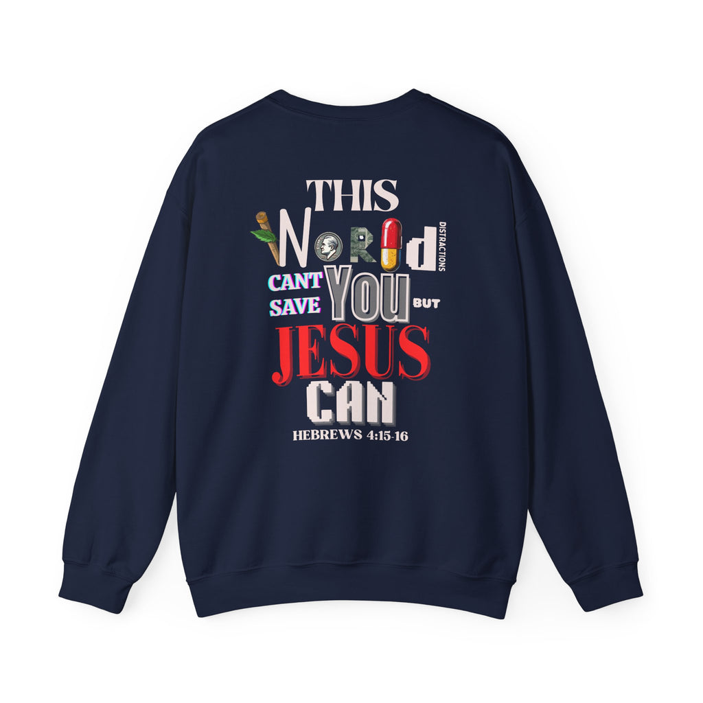 Navy crewneck sweater with large back graphic print