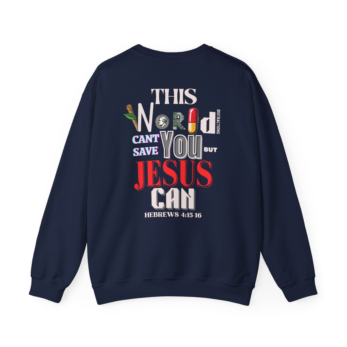 Navy crewneck sweater with large back graphic print