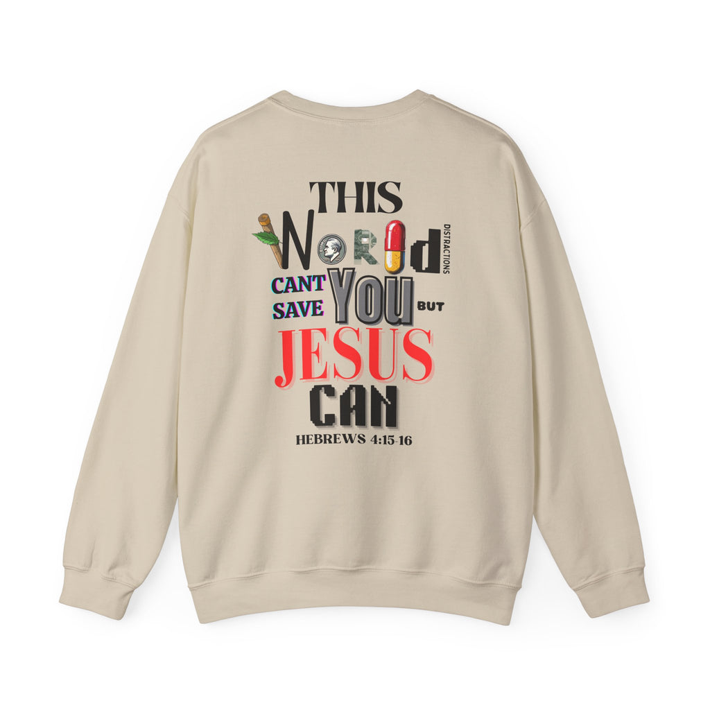 Beige crewneck sweater with large back graphic text design