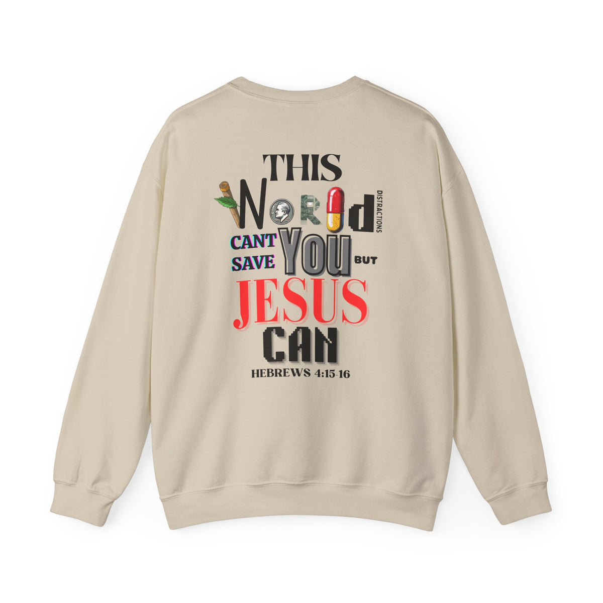 Beige crewneck sweater with large back graphic text design