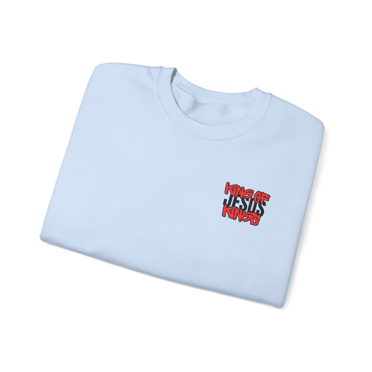 Light blue crewneck sweater with small red front graphic