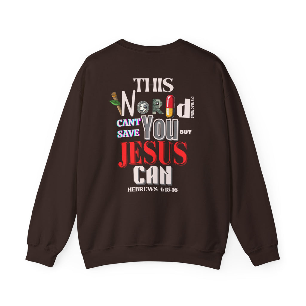 Dark chocolate crewneck sweater with colorful front religious graphic text