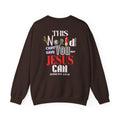 Dark chocolate crewneck sweater with colorful front religious graphic text