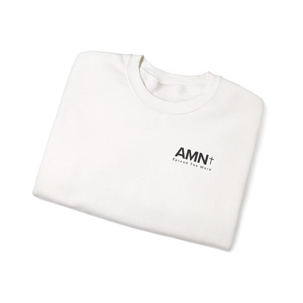White crewneck sweater laid flat with AMN+ logo on the chest