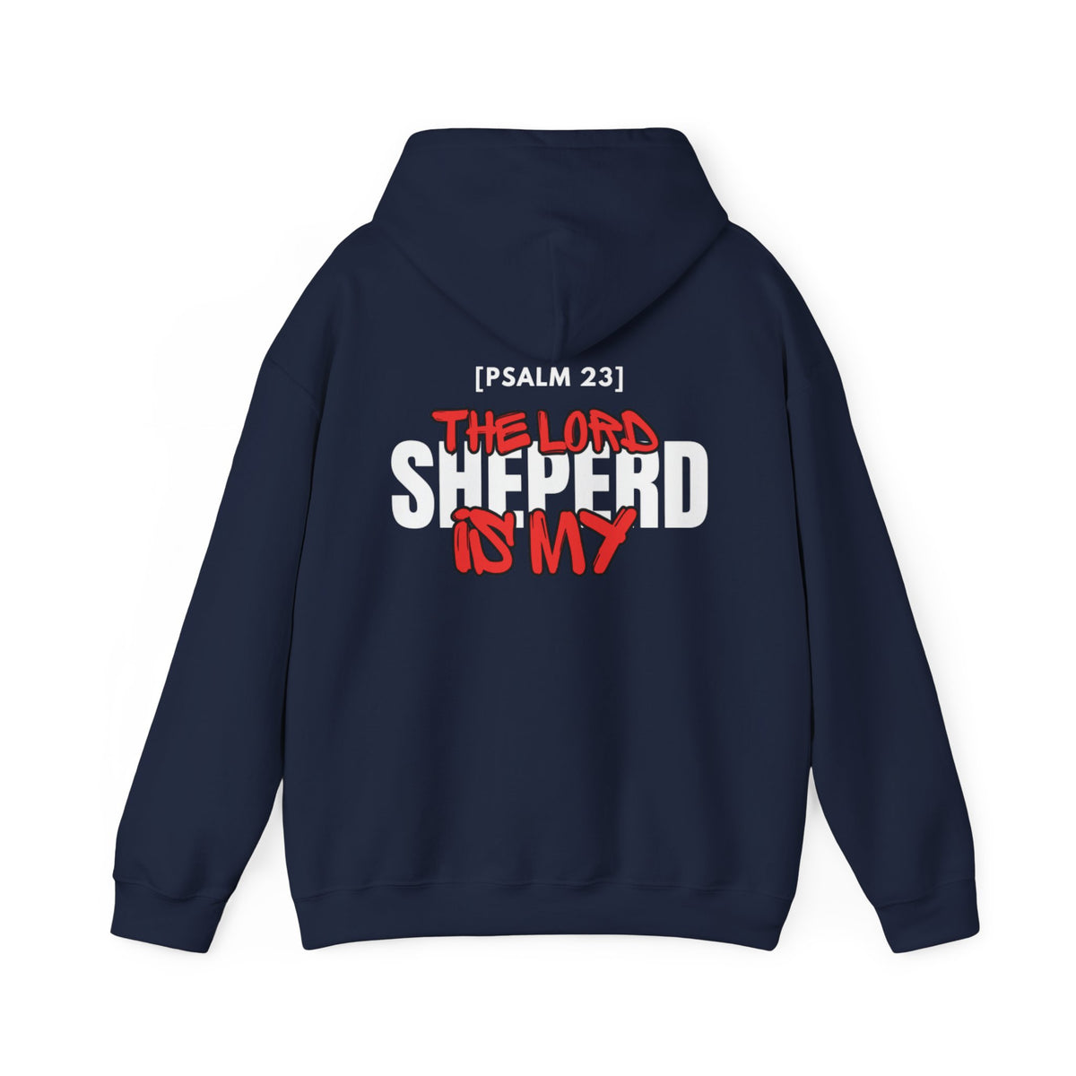 Back view navy pullover hoodie with hood and printed chest graphic