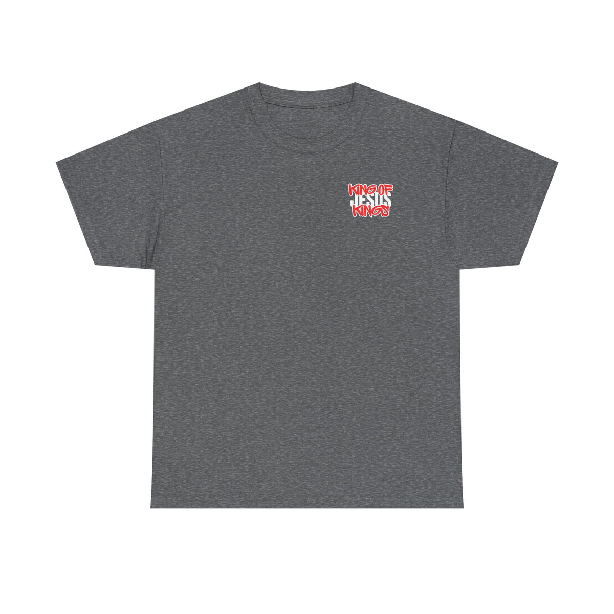 Graphite heather T-shirt with small multicolor front chest graphic.