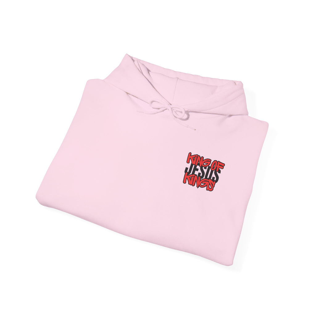 Light pink pullover hoodie folded, small chest graphic and hood ties