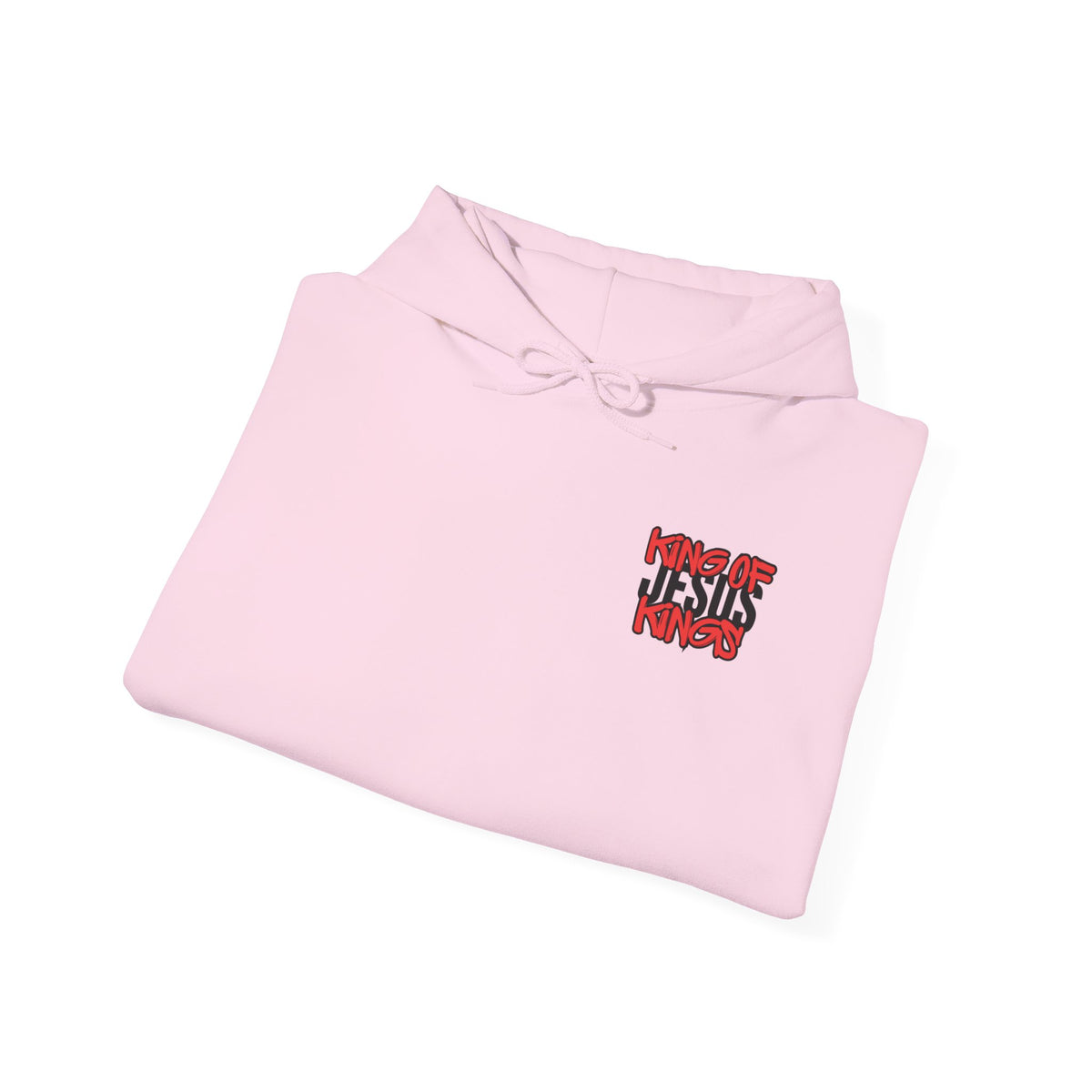 Light pink pullover hoodie folded, small chest graphic and hood ties