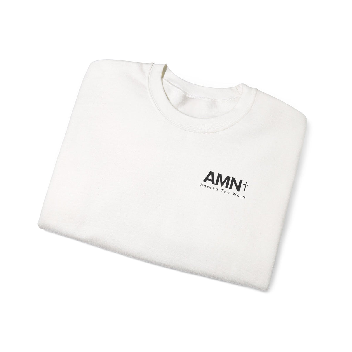 White crewneck sweater folded with AMN+ logo on the front.
