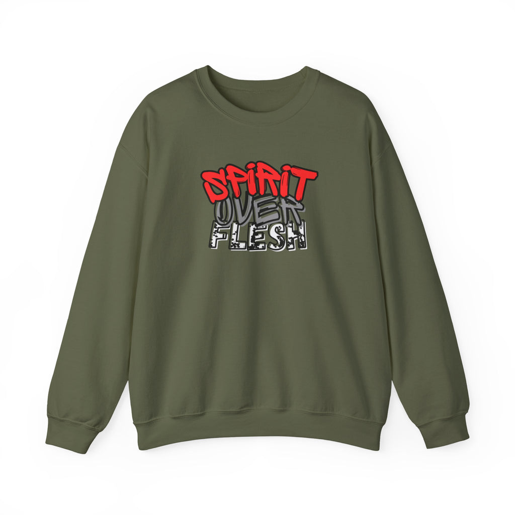 Olive green crewneck sweater with Spirit Over Flesh graphic print on chest