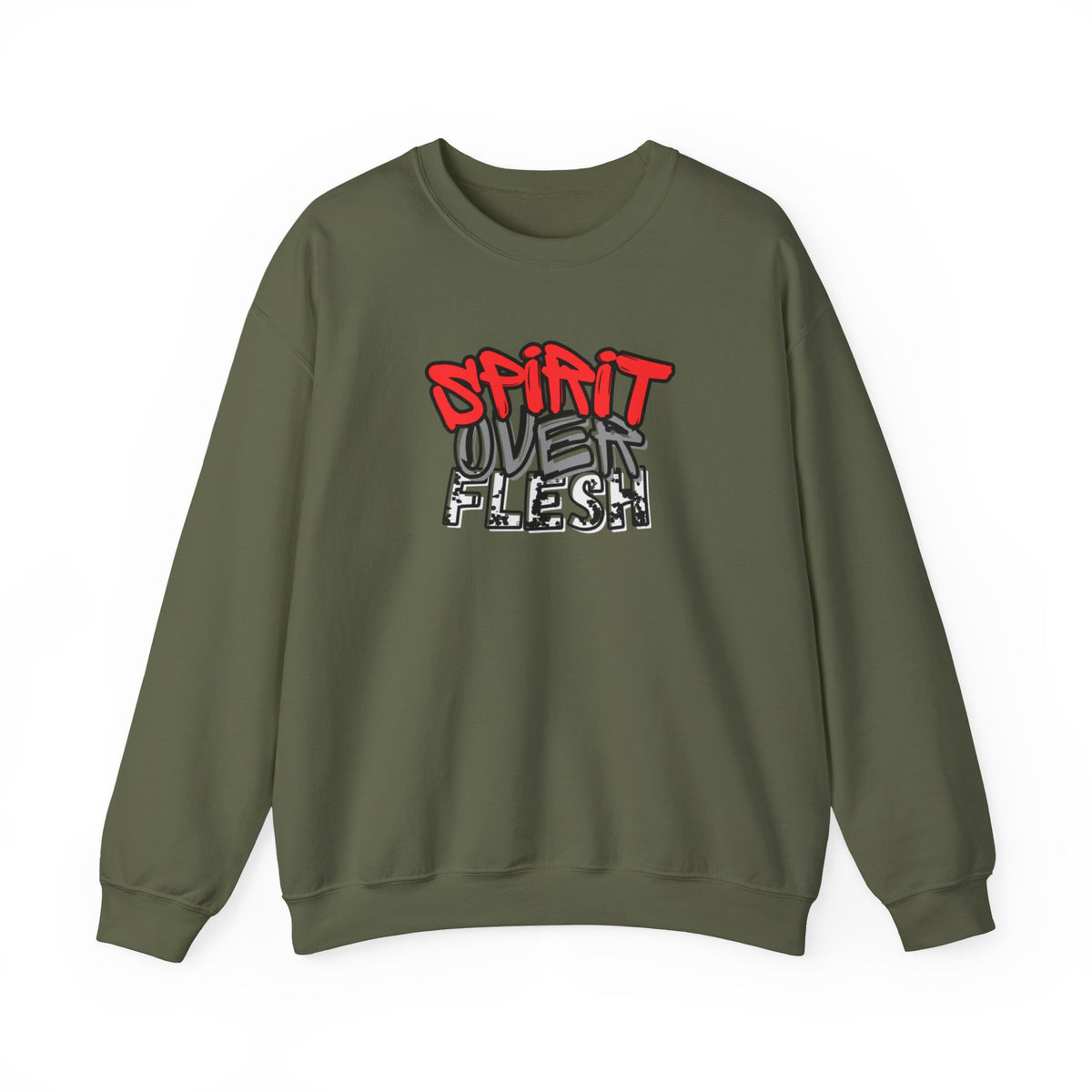 Olive green crewneck sweater with Spirit Over Flesh graphic print on chest