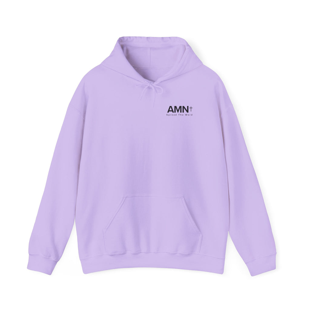 Lavender pullover hoodie with front pouch pocket and drawstring hood, AMN+ logo.