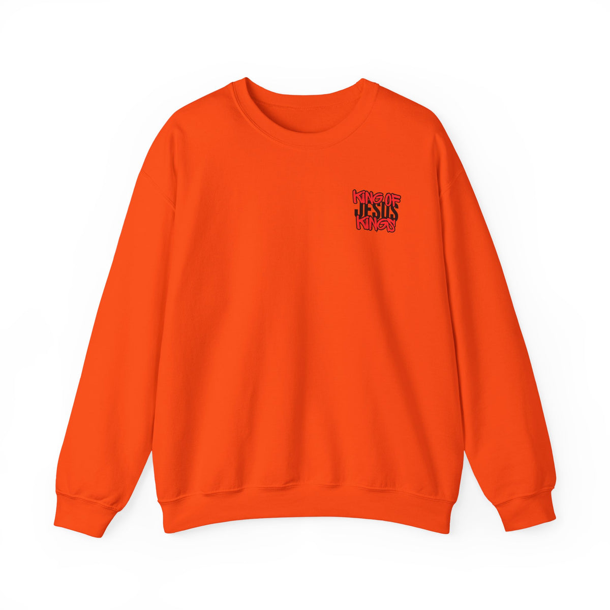 Orange crewneck sweater with small chest graphic text in red and black