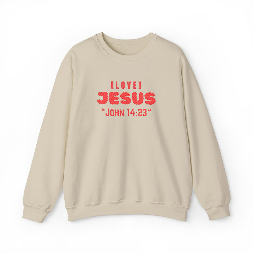 Beige crewneck sweater with "I LOVE JESUS" "JOHN 14:23" front print