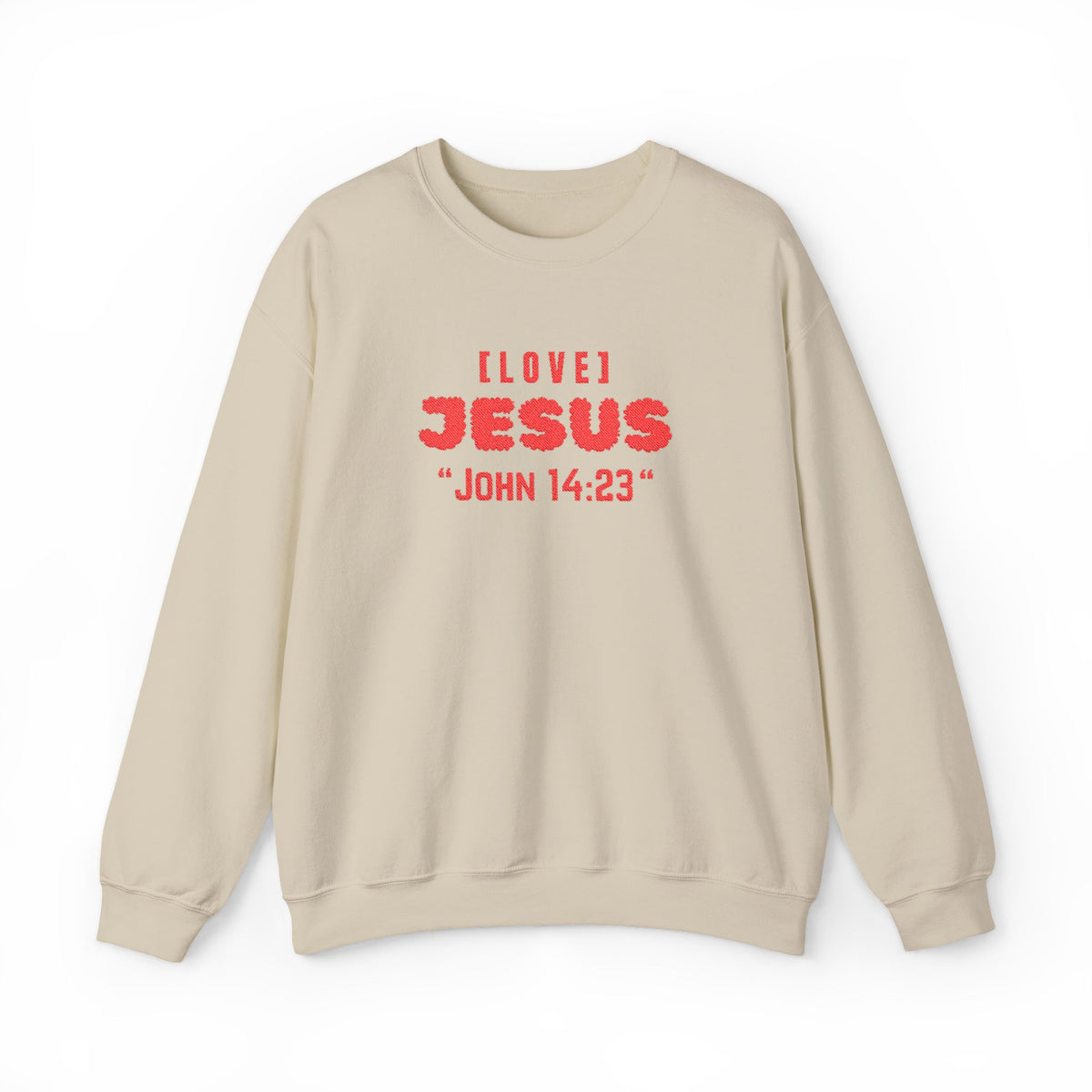 Beige crewneck sweater with "I LOVE JESUS" "JOHN 14:23" front print