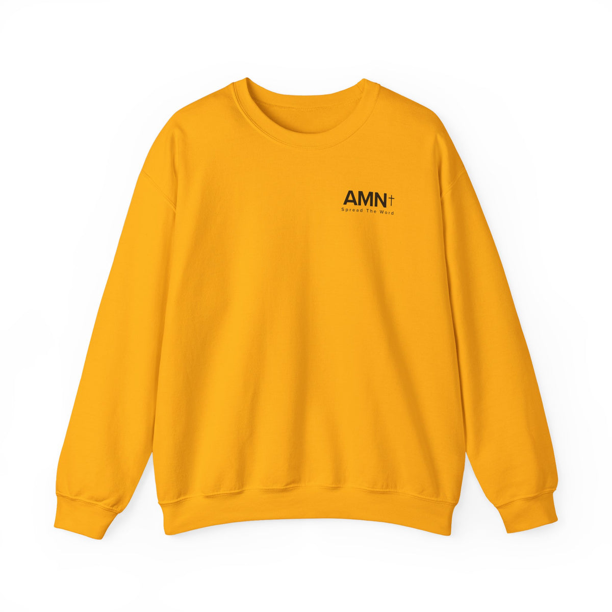 Orange crewneck sweater with long sleeves and AMN+ logo on chest