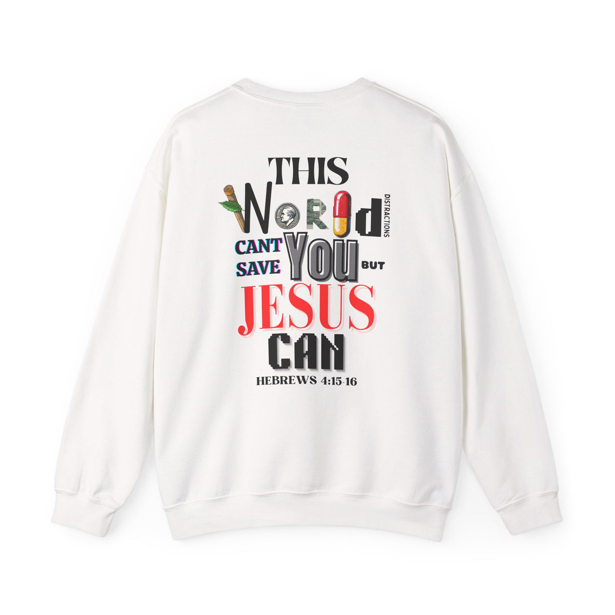 White crewneck sweater with large back graphic text design