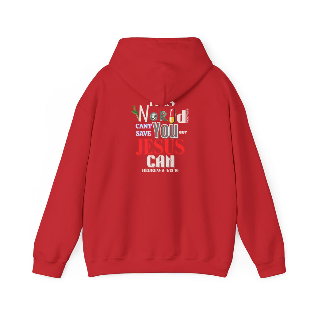 Red hoodie with hood and kangaroo pocket, 'World...Jesus can' back graphic