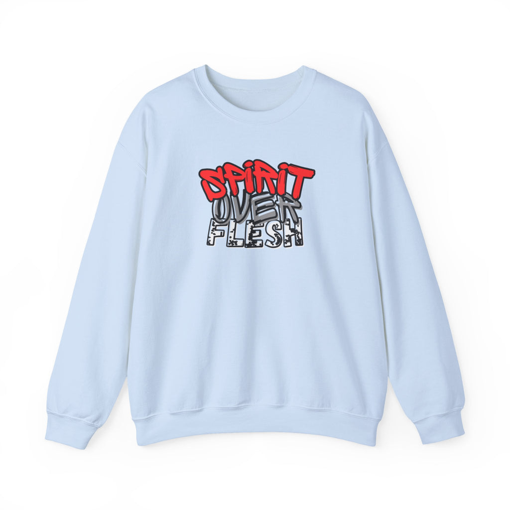 Light blue crewneck sweater with red and white graphic logo on chest