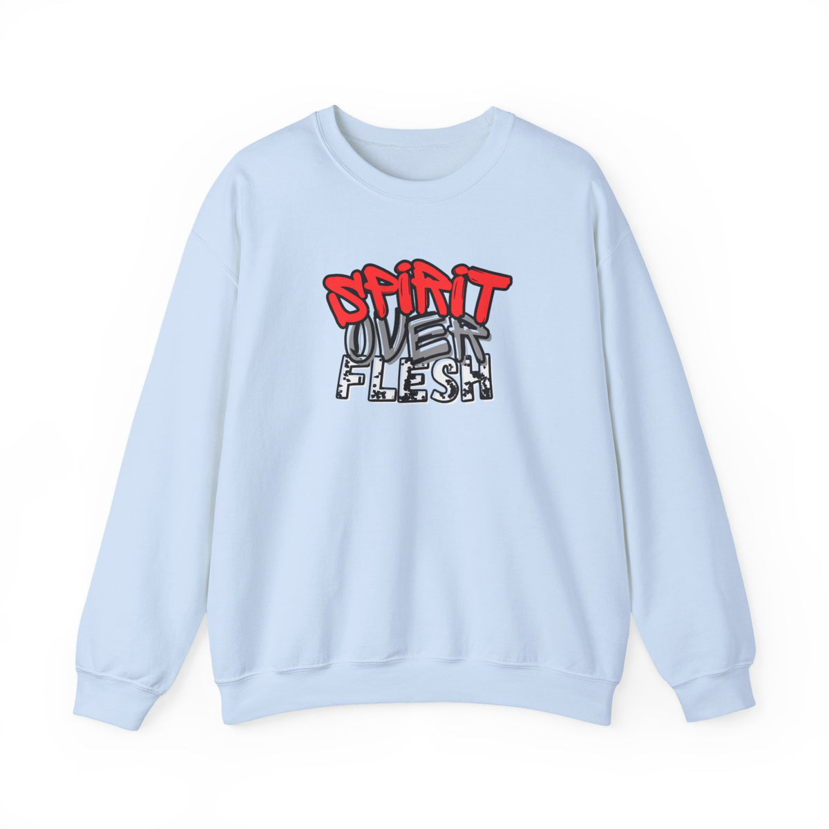 Light blue crewneck sweater with red and white graphic logo on chest