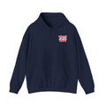 Navy hoodie with hood, front kangaroo pocket, and small chest logo