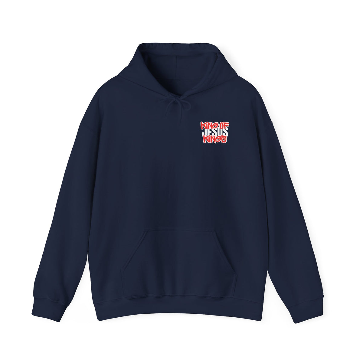 Navy hoodie with hood, front kangaroo pocket, and small chest logo