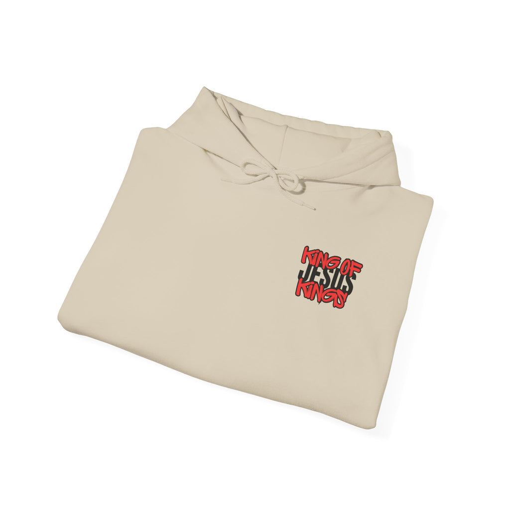 Sand pullover hoodie with front pocket, drawstring hood, small red/blue chest graphic