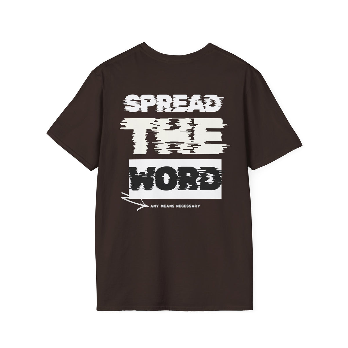 Dark brown T-shirt with large SPREAD THE WORD graphic print