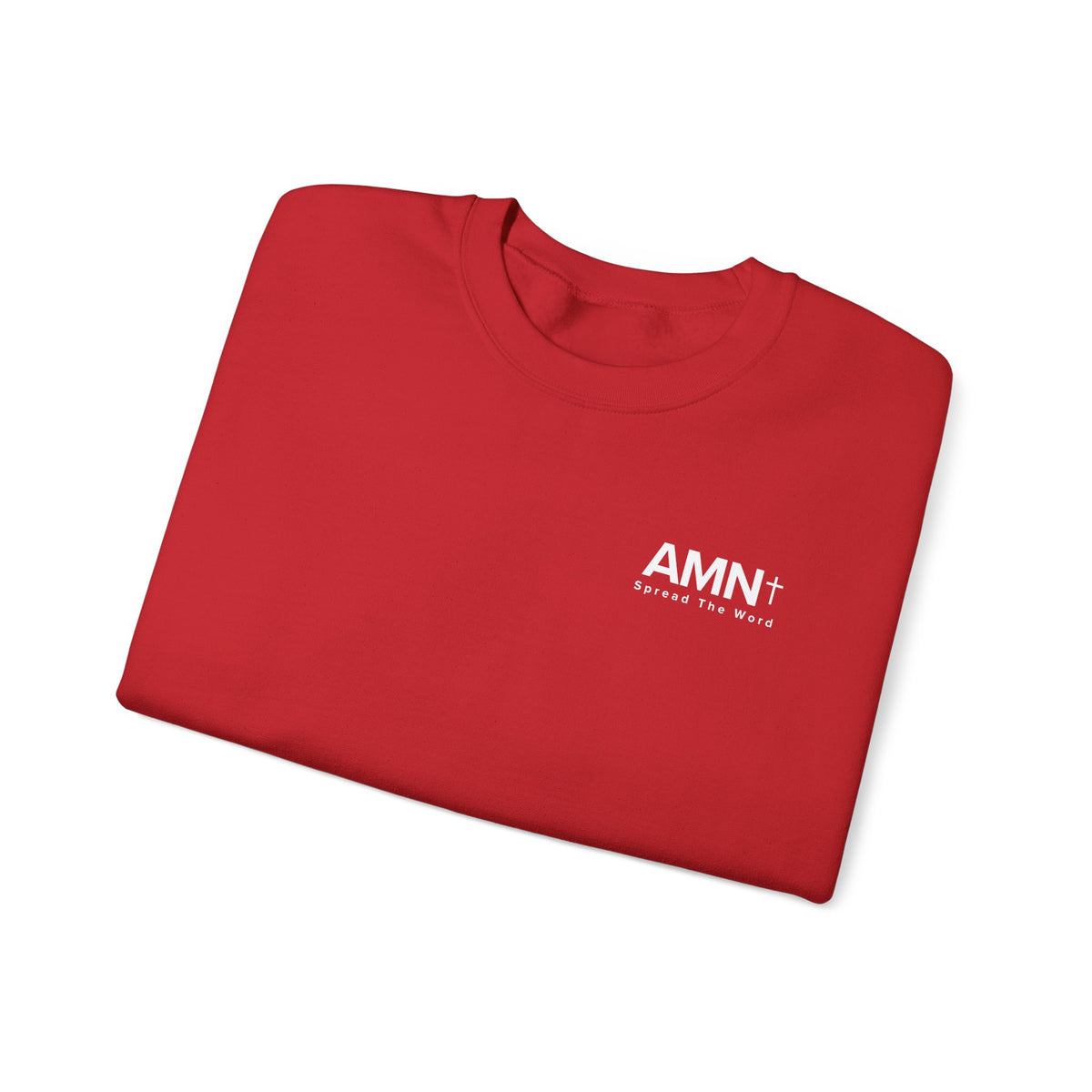 Red crewneck sweater with AMN+ logo at the chest