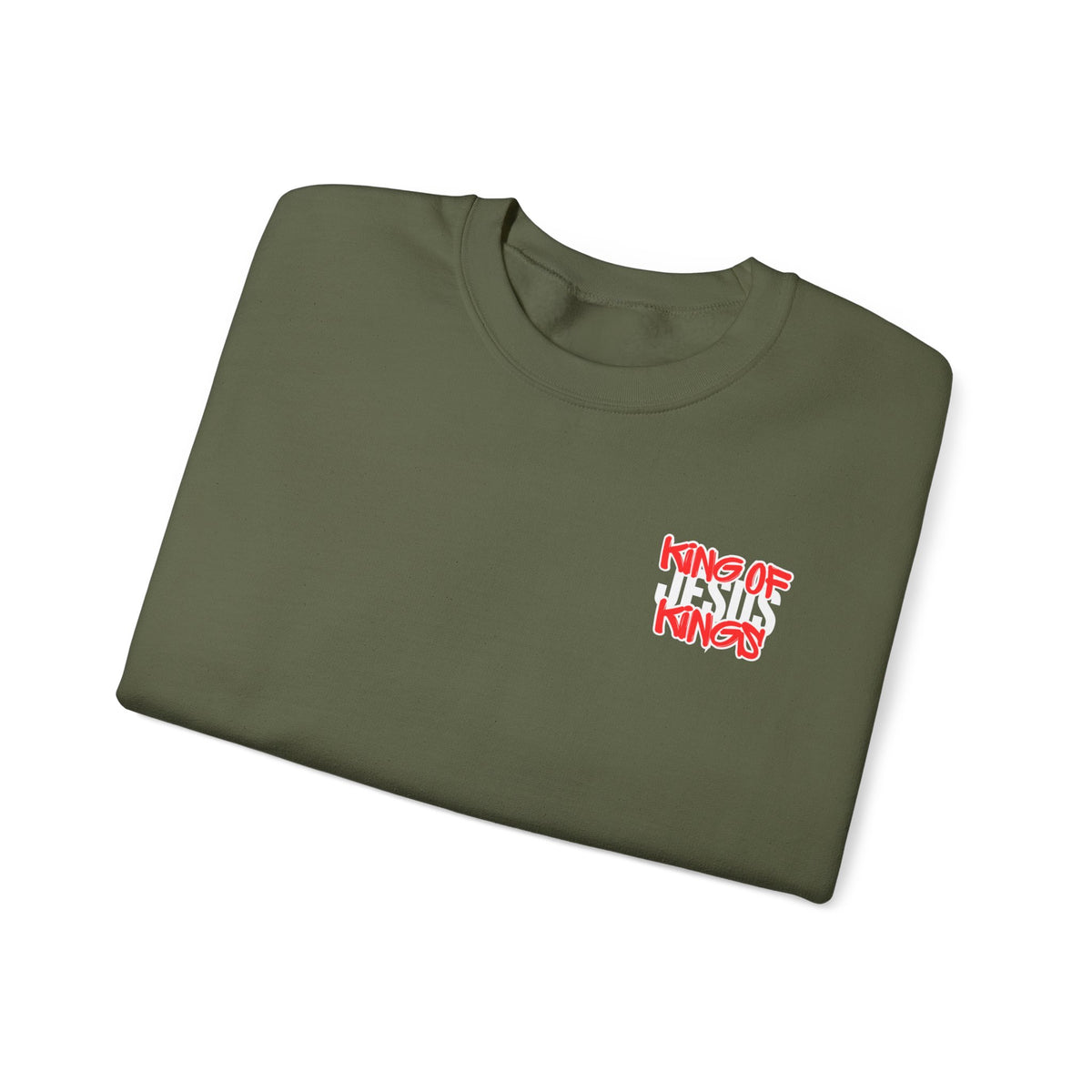 Olive green crewneck T-shirt sweater with Psalm 23 text and red/white chest graphic